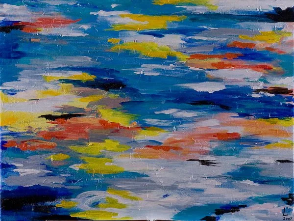 Abstract painting with blue, yellow, orange, white, red, black, and gray brushstrokes.