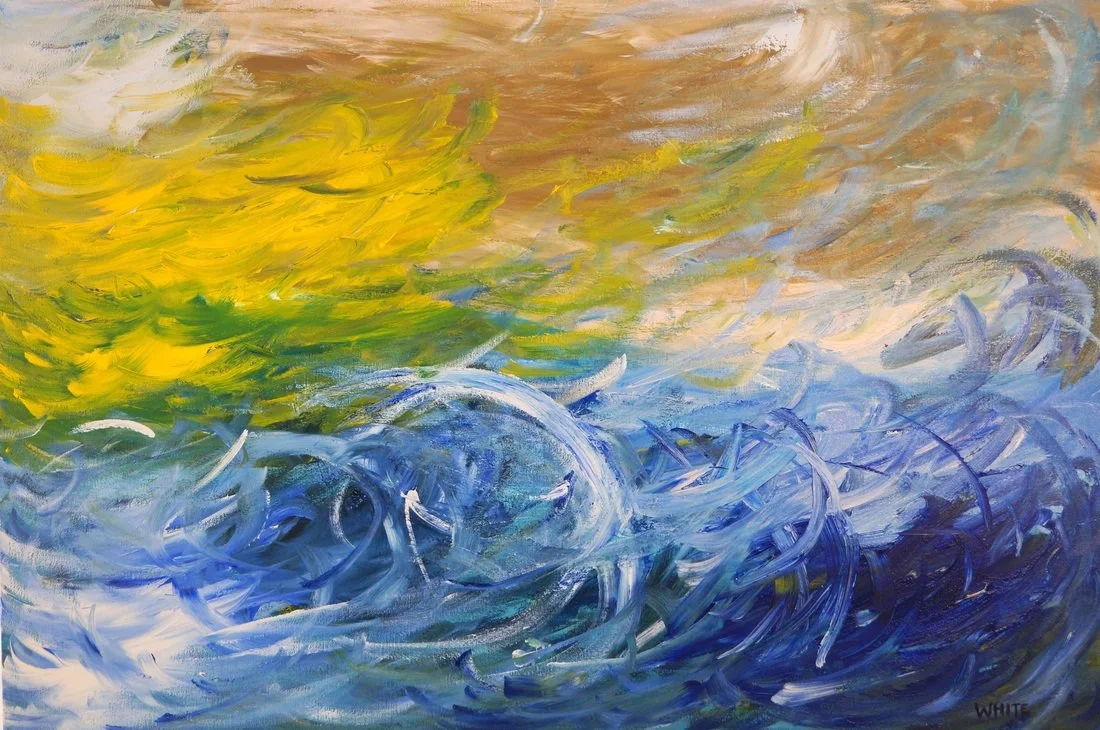 An abstract painting featuring swirling brushstrokes of yellow, green, blue, and white, depicting a turbulent ocean scene with sky and water blending together.
