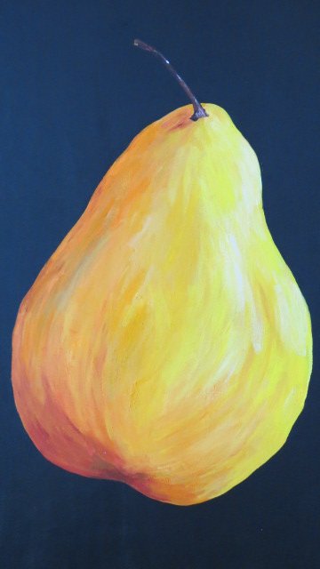 Painting of a yellow pear with a dark blue background.
