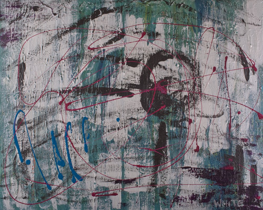 Abstract mixed media artwork featuring a skull with paint drips and scribbles in black, blue, green, and red streaks.