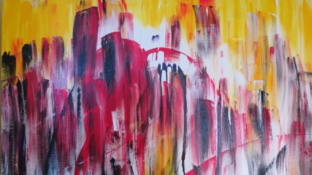 Abstract painting with vertical brushstrokes in red, yellow, black, and white.