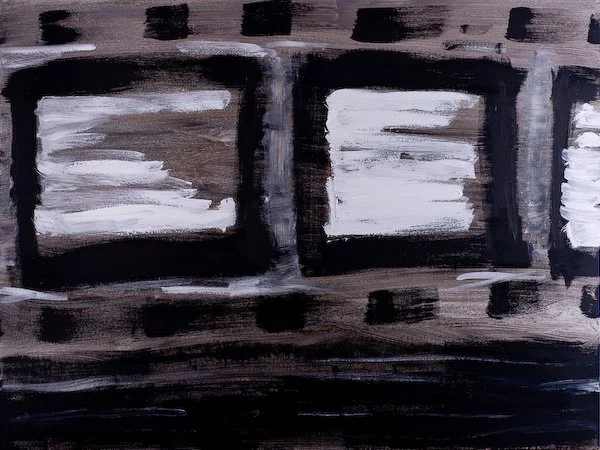Abstract painting with three black-framed white rectangles on a dark background.
