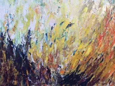 Abstract painting with yellow, orange, and black brushstrokes.