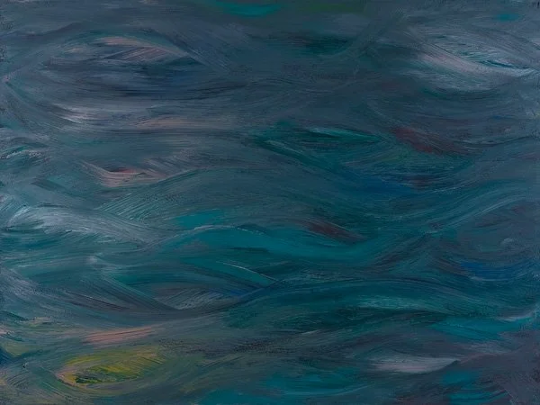 Abstract painting with swirling shades of blue, purple, and hints of yellow.