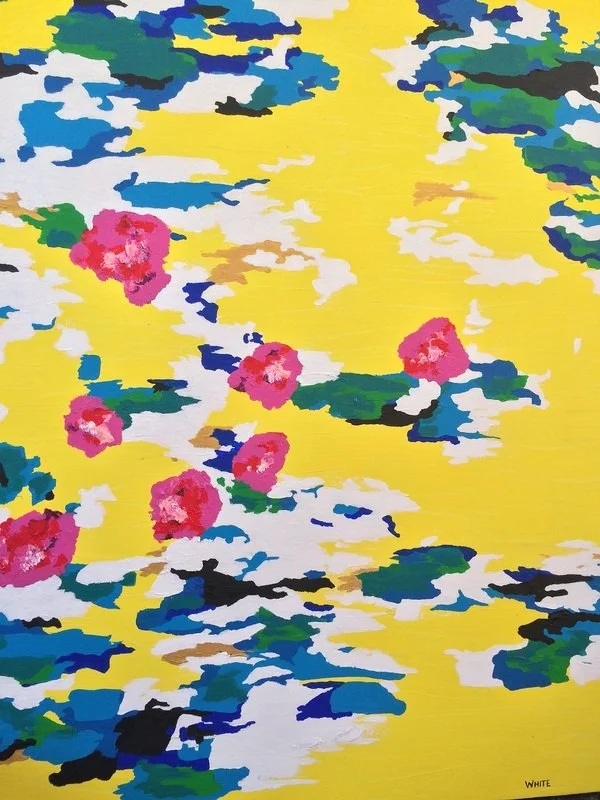 Abstract painting with yellow background, pink flowers, and blue, green, white, and black accents.