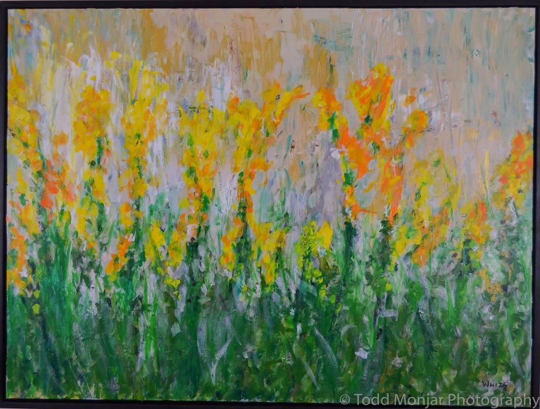 An abstract painting of yellow and orange flowers with green stems and leaves, set against a soft pastel background.