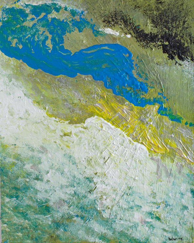 Abstract painting with blue, green, yellow, black, and white textured brushstrokes.