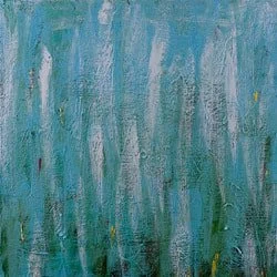 Abstract painting with vertical green and blue brushstrokes.