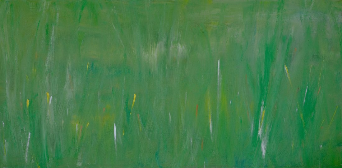 Abstract painting with green, yellow, and white brushstrokes