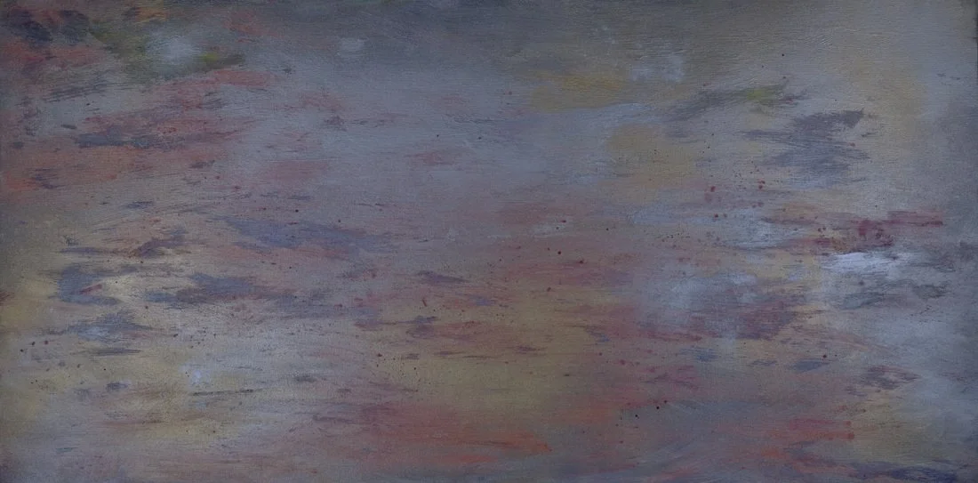 Abstract painting with soft, blended pastel colors including pink, purple, blue, and beige.