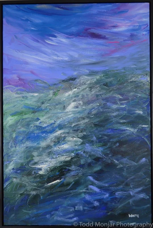 Abstract painting of ocean waves with blue, green, and purple hues, possibly depicting a seascape.