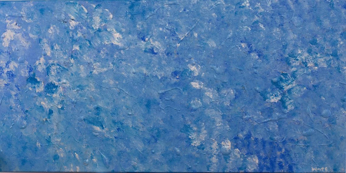 Abstract painting with various shades of blue and white textures, signed 'White' in the bottom right corner.