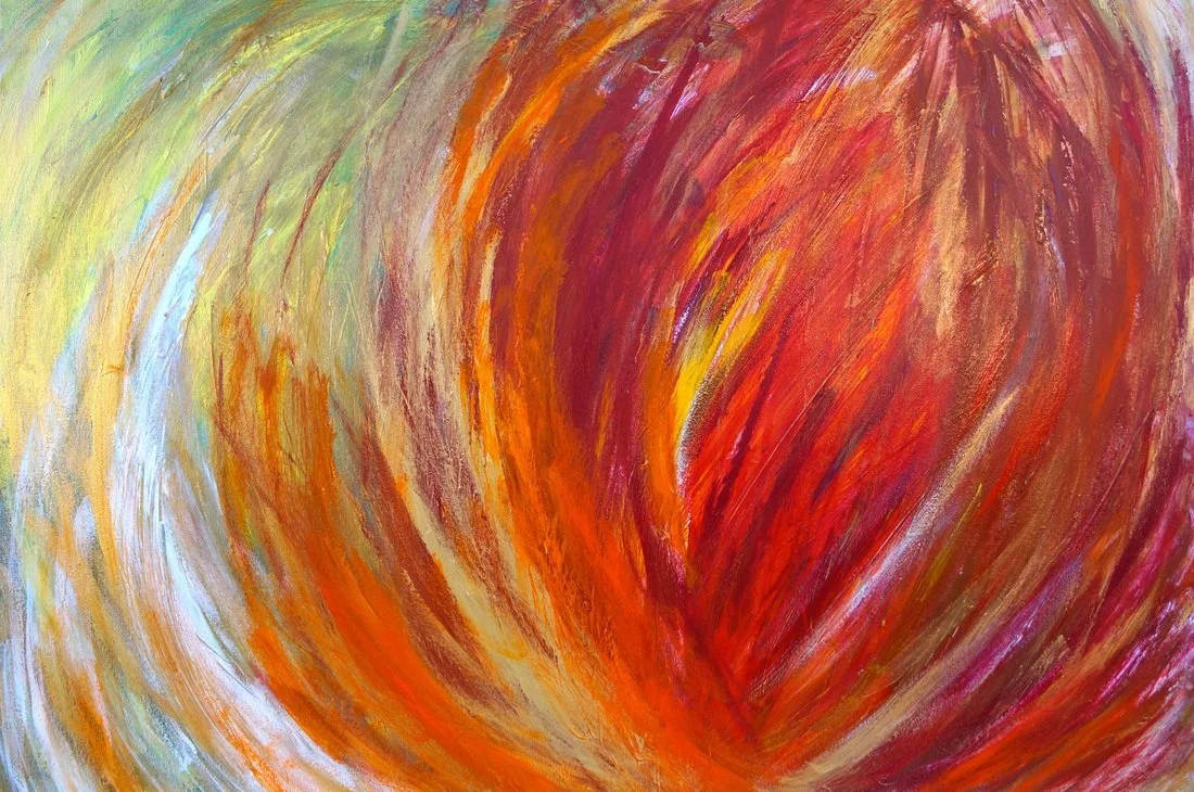 Abstract painting with swirling strokes in red, orange, yellow, and some white and green hues.