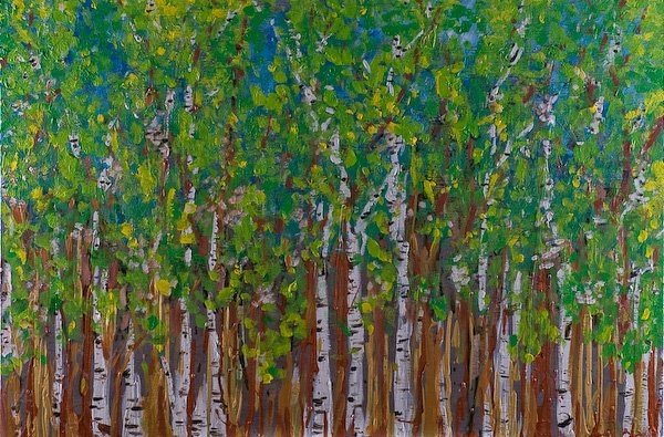 A painting of a dense forest with tall birch trees, green leaves, and a mix of brown and white bark.
