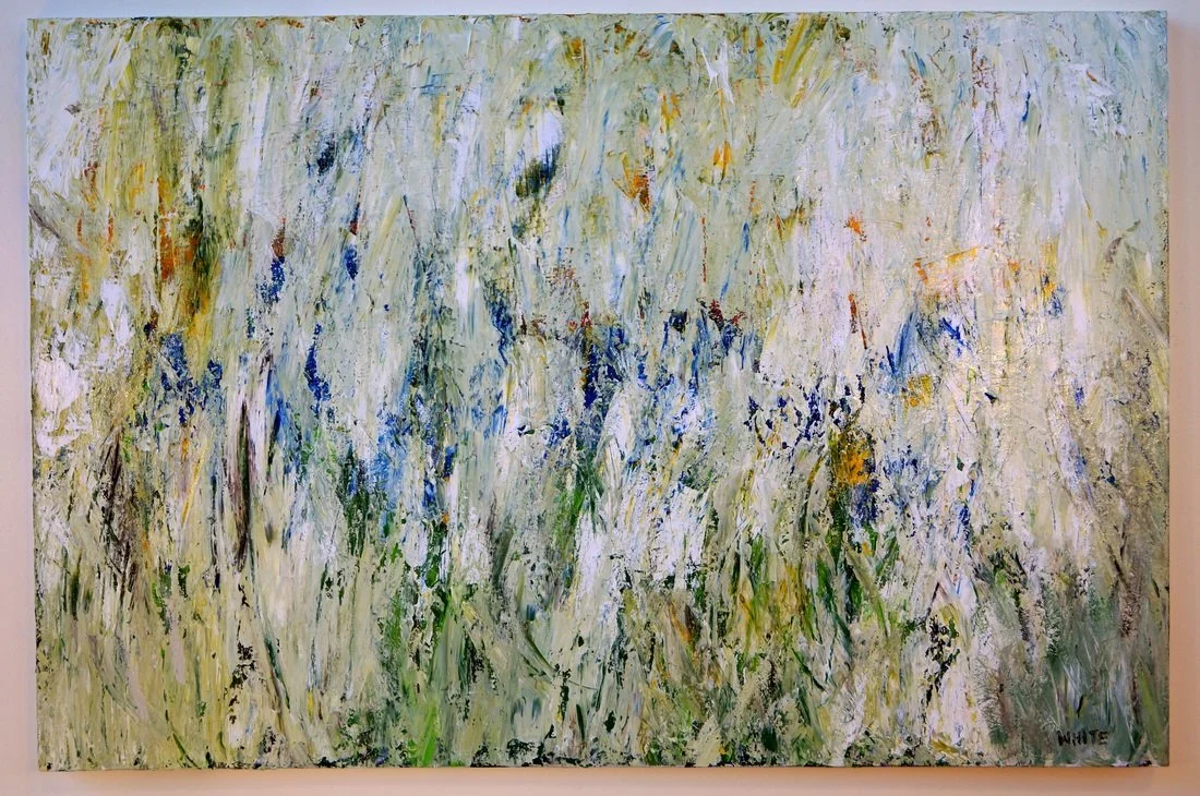 Abstract painting with light green, white, yellow, blue, and black brushstrokes, signed 'White' in the bottom right corner.