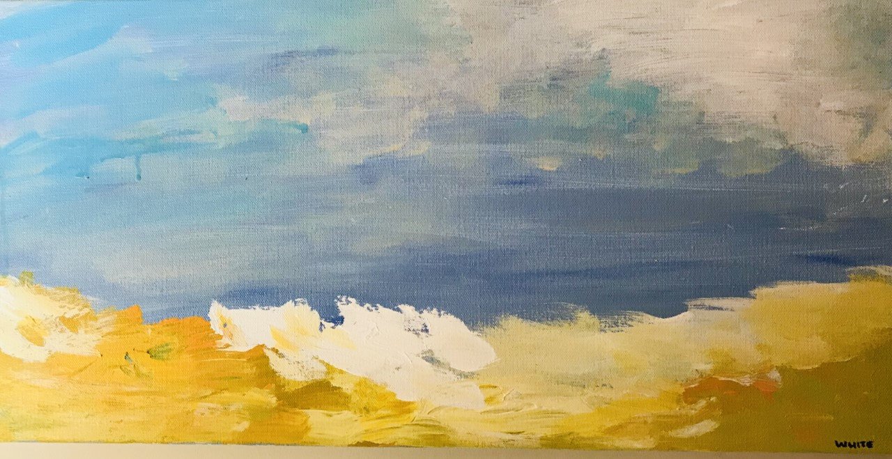Abstract landscape painting featuring a blue sky with white clouds above yellow and brown hills.