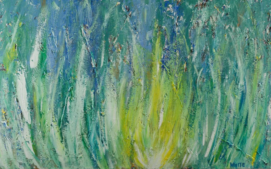 Abstract painting with shades of blue, green, and yellow, featuring textured brushstrokes.