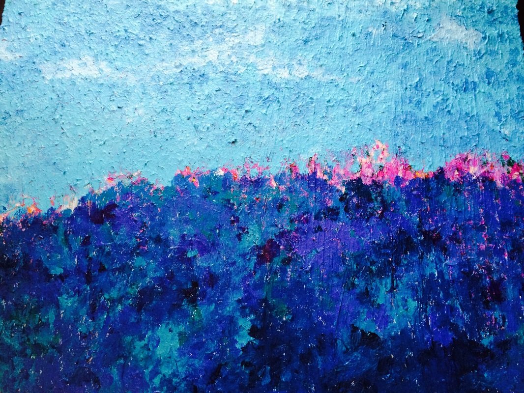 An abstract painting of a landscape with blue and purple hues, featuring a textured sky and a field of purple flowers.