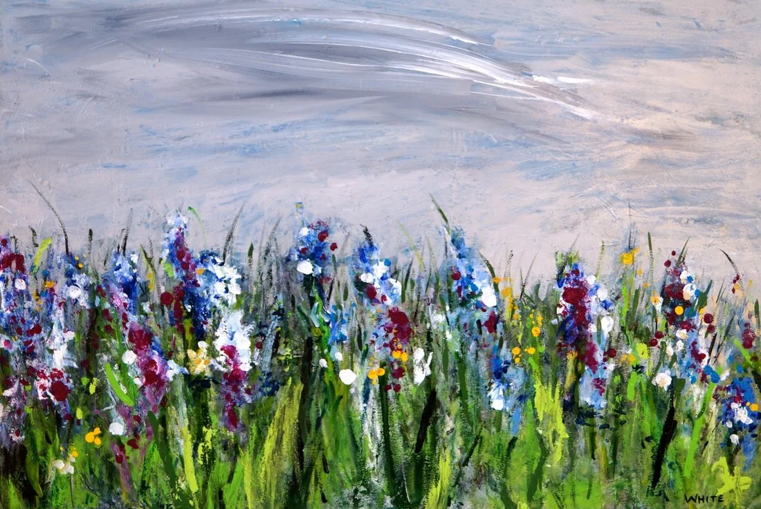 An impressionistic painting of tall blue, purple, and red wildflowers with green grass under a cloudy sky.