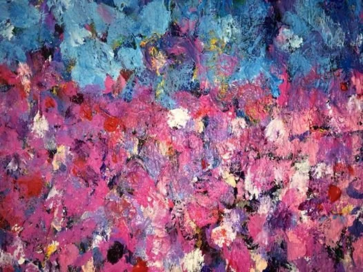 Abstract painting with vibrant blue, pink, purple, and white brushstrokes.