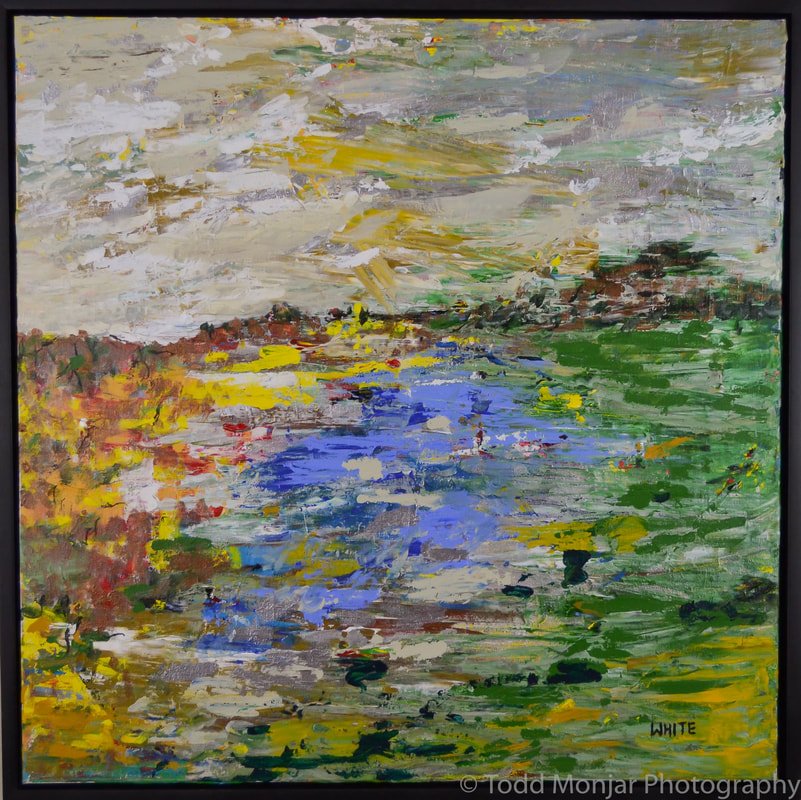 Abstract landscape painting featuring vibrant colors including yellow, blue, green, and white, depicting a body of water with reflections and surrounding vegetation.