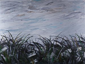 Waterfront scene with tall grasses in the foreground and a cloudy sky reflected in the water.