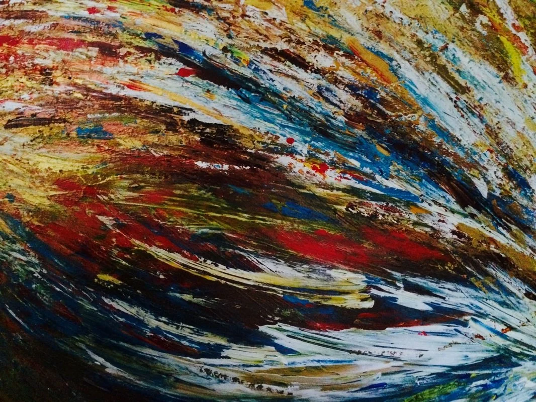 Abstract painting with bold, swirling strokes of red, yellow, blue, white, and black colors.