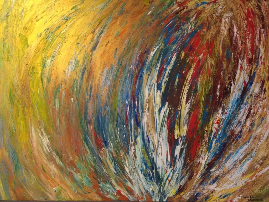 Abstract swirl painting with vibrant colors including yellow, orange, red, blue, white, and brown.