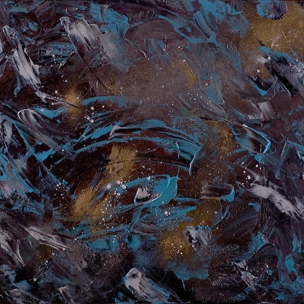 Abstract painting with dark blue, black, white, and gold brushstrokes and splatters.