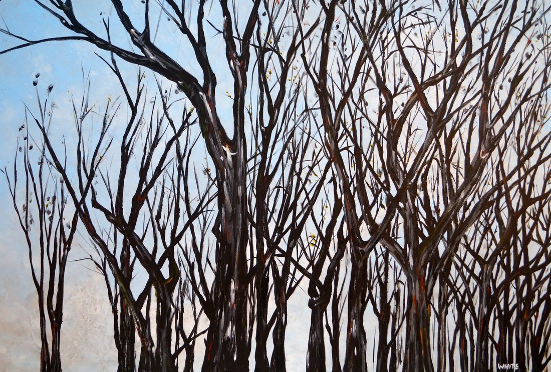 Painting of leafless trees with dark branches against a light blue sky.