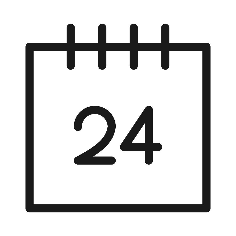 A black icon of a calendar displaying the date 24.