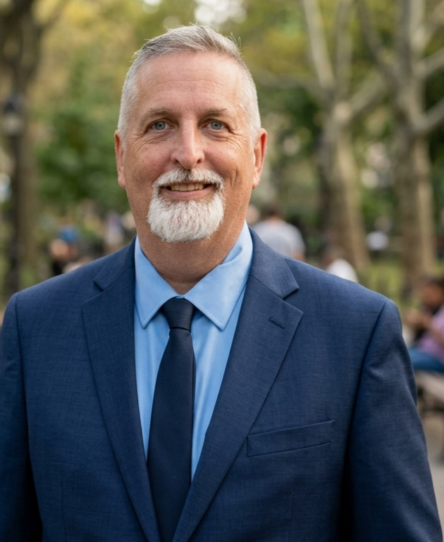 A smiling middle-aged man with a gray beard and short gray hair wearing a blue suit, light blue shirt, and dark blue tie standing outdoors with trees and people in the background.