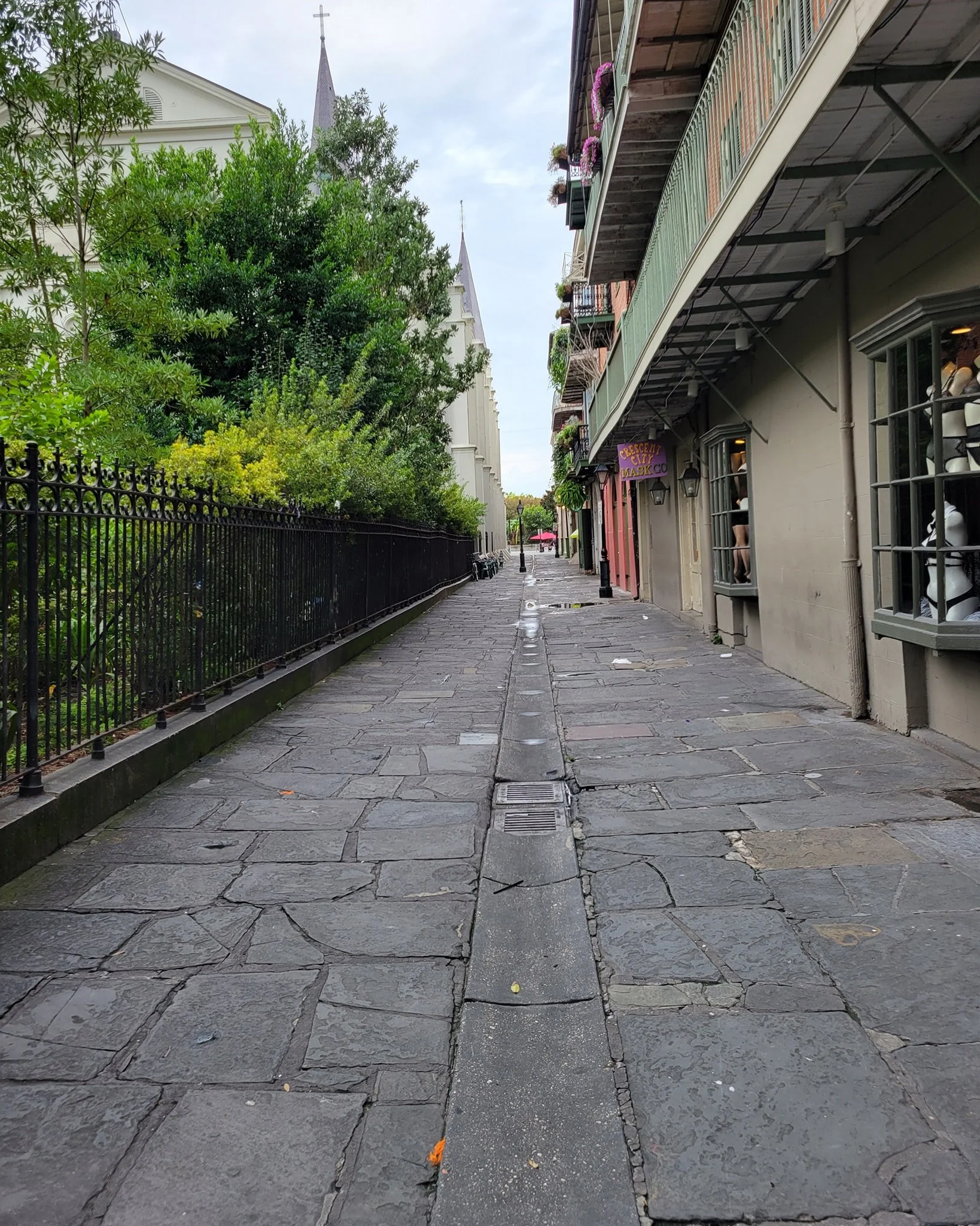 A narrow  street paved with old gray stone slabs, lined with a black iron fence on the left and  on the right a store that says 'Crescent City Mask Co.' featuring mannequins in windows. The New Orleans St. Louis Cathedral is in the background.