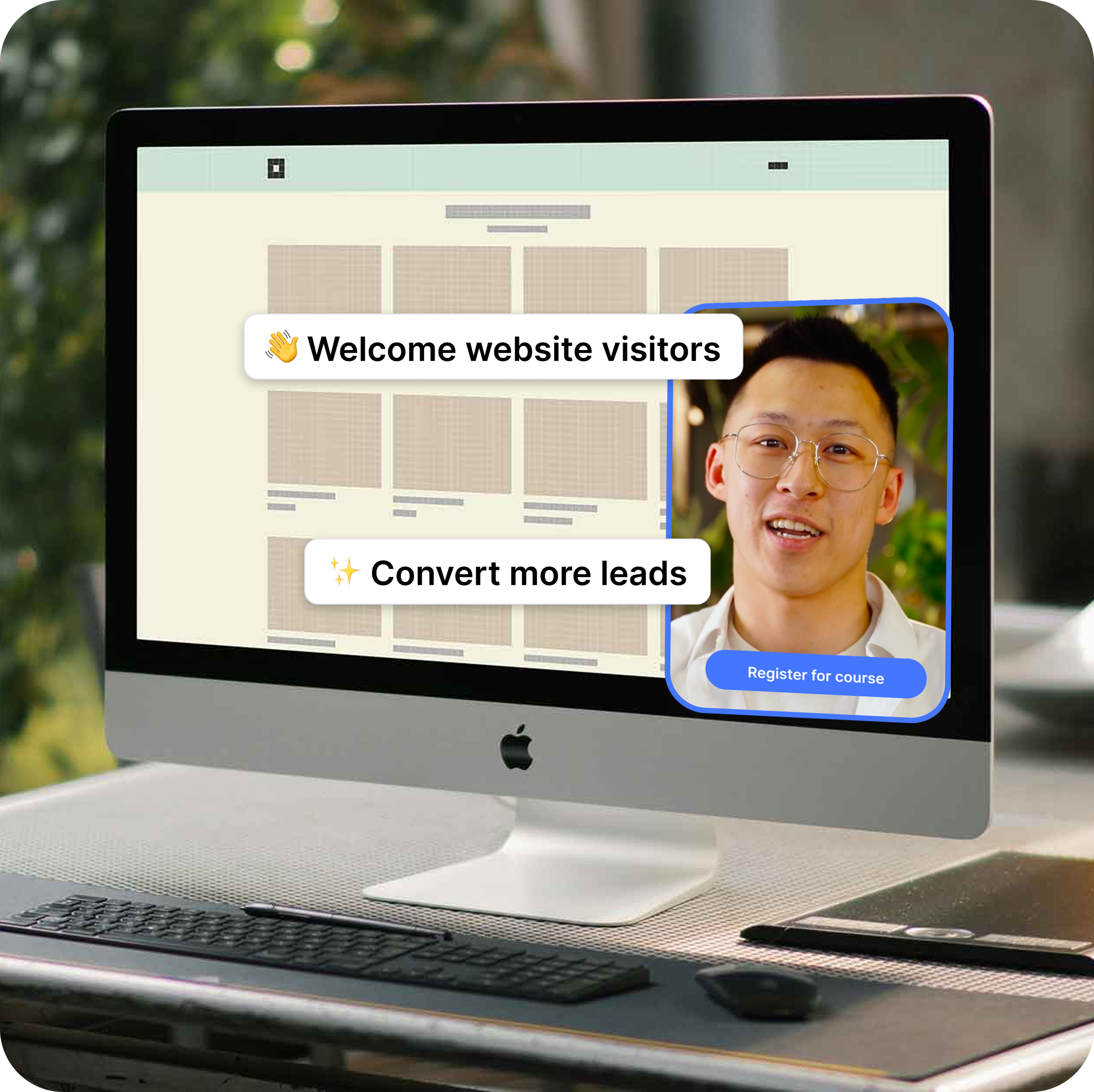 A monitor displaying a website with a video bubble of a person's greeting their website customers.