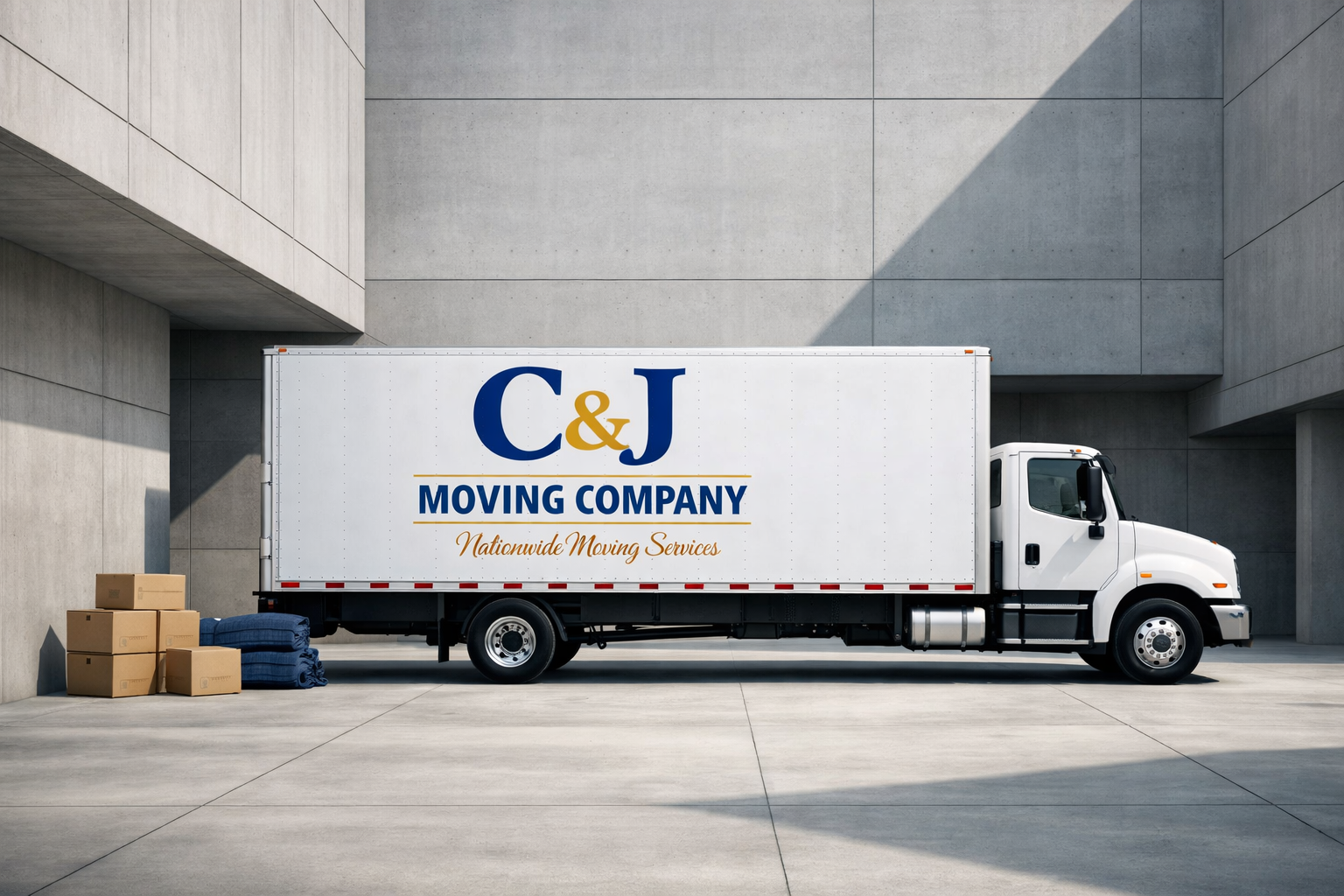 Moving truck with C&J Moving Company logo parked in an industrial area with cardboard boxes and blankets stacked nearby.