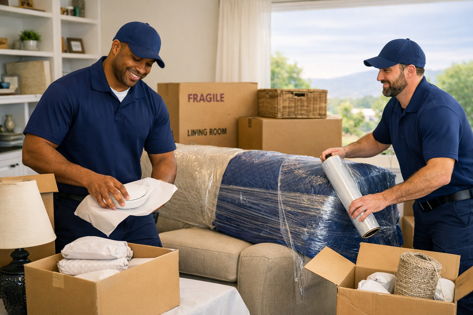 Two movers in blue uniforms unpacking belongings in a living room with packed boxes and furniture, preparing for a move.