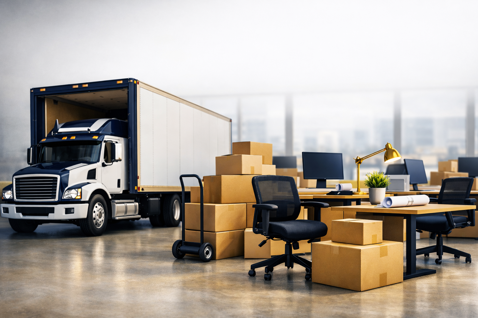 Office space with a moving truck, packed boxes, desks, office chairs, and computers.