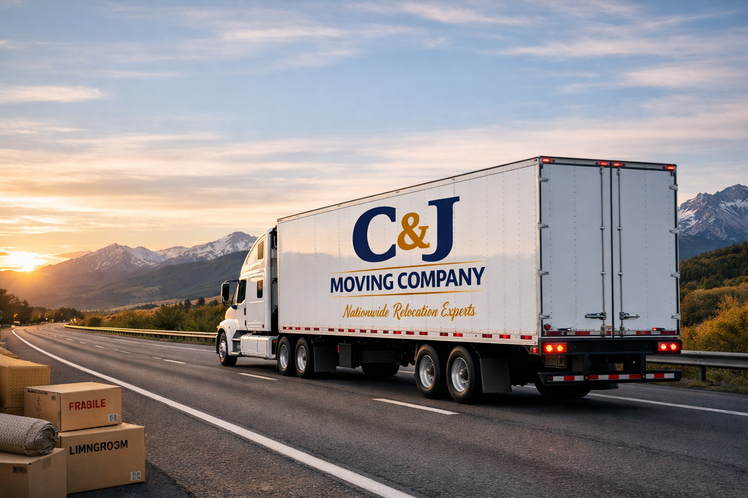 A moving truck from C&J Moving Company driving on a highway at sunset with mountains in the background.