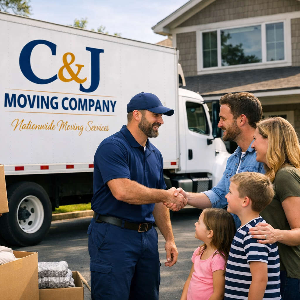 A moving company representative shaking hands with a happy family in front of a moving truck. The family includes a man, woman, two children, and a uniformed worker. The truck has the name 'C&J Moving Company'.
