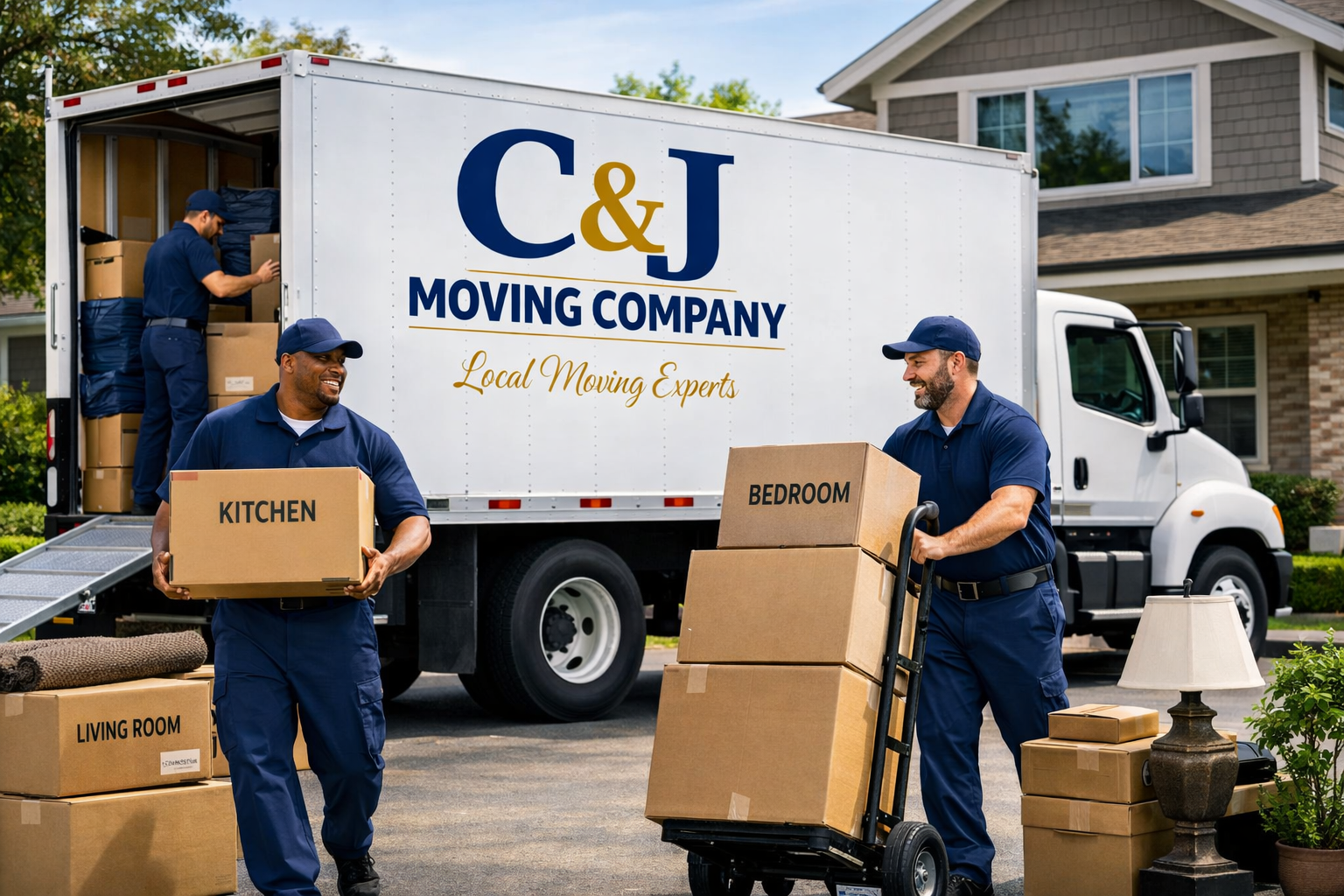 Movers unloading boxes from a moving truck labeled 'C&J Moving Company' with the tagline 'Local Moving Experts' in a residential neighborhood.