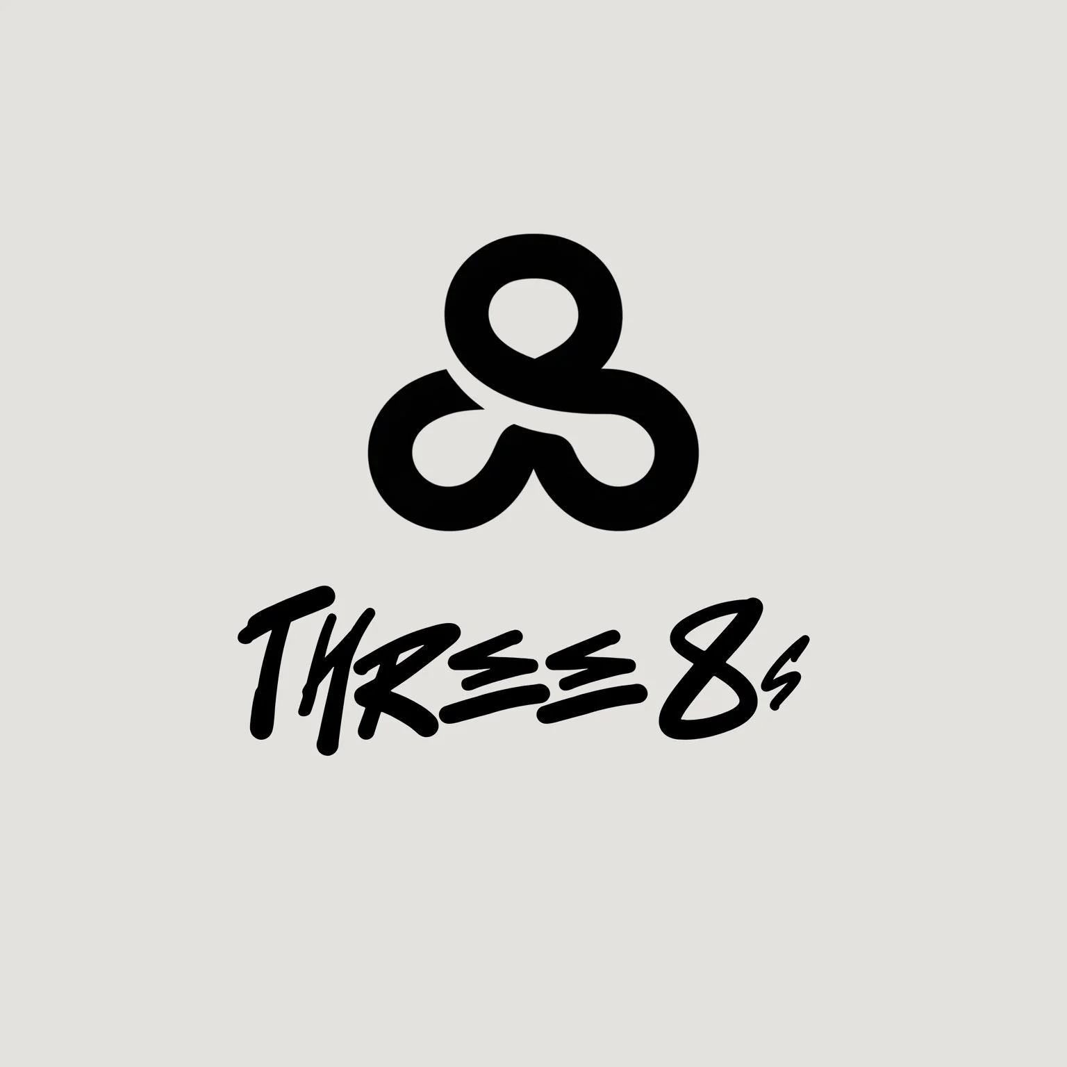 A stylized black treble clef symbol with the words "THREE 8s" written below in a handwritten font on a light gray background.