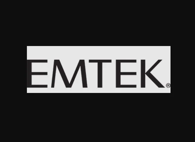 Emtek logo on a black background with a gray rectangular highlight behind the text.