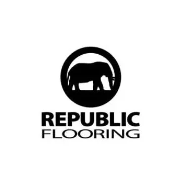 Logo of Republic Flooring featuring a bear silhouette inside a circle with the company name below.