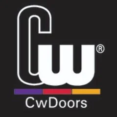 Logo of CW Doors with stylized letters 'CW' and the company name beneath with color stripes.