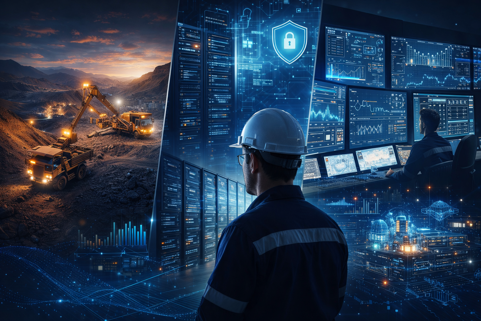 A construction site at dusk with heavy machinery, contrasted with a control room where engineers monitor digital data and security screens.