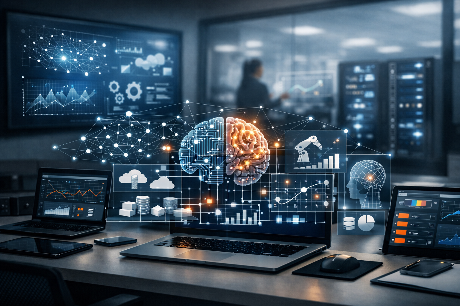 A futuristic workspace with multiple digital screens displaying graphs, charts, and data analytics. A holographic brain with interconnected nodes is at the center, symbolizing artificial intelligence and machine learning. A person is working in the background with additional screens.