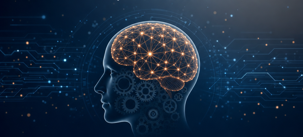 Digital illustration of a human head in profile with a glowing networked brain and interconnected gears inside, surrounded by circuit-like lines and floating particles.