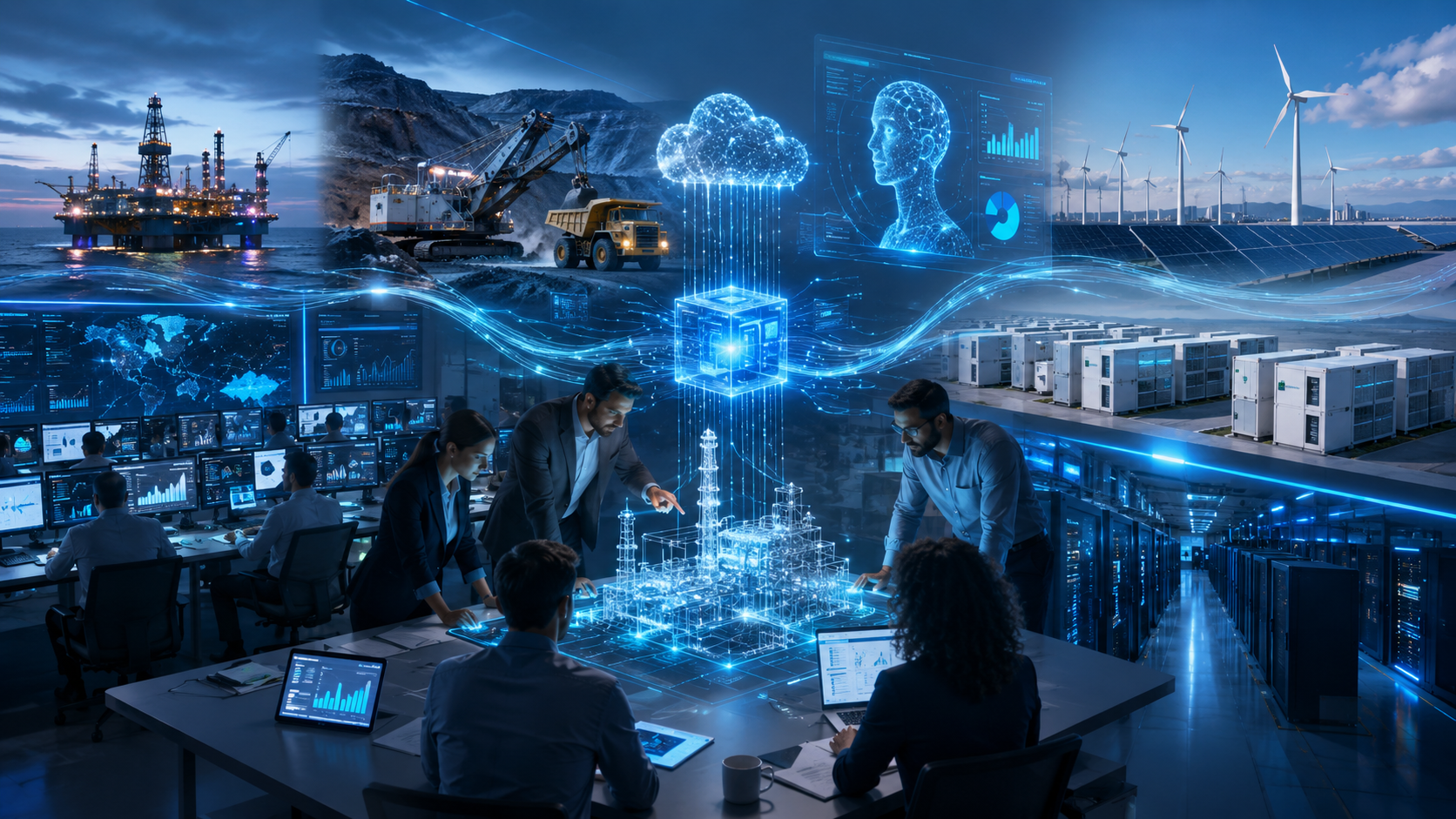 A futuristic digital illustration featuring a group of people working in a high-tech control room with holographic displays, digital data, and industrial equipment including oil rigs, mining machinery, wind turbines, and data servers.