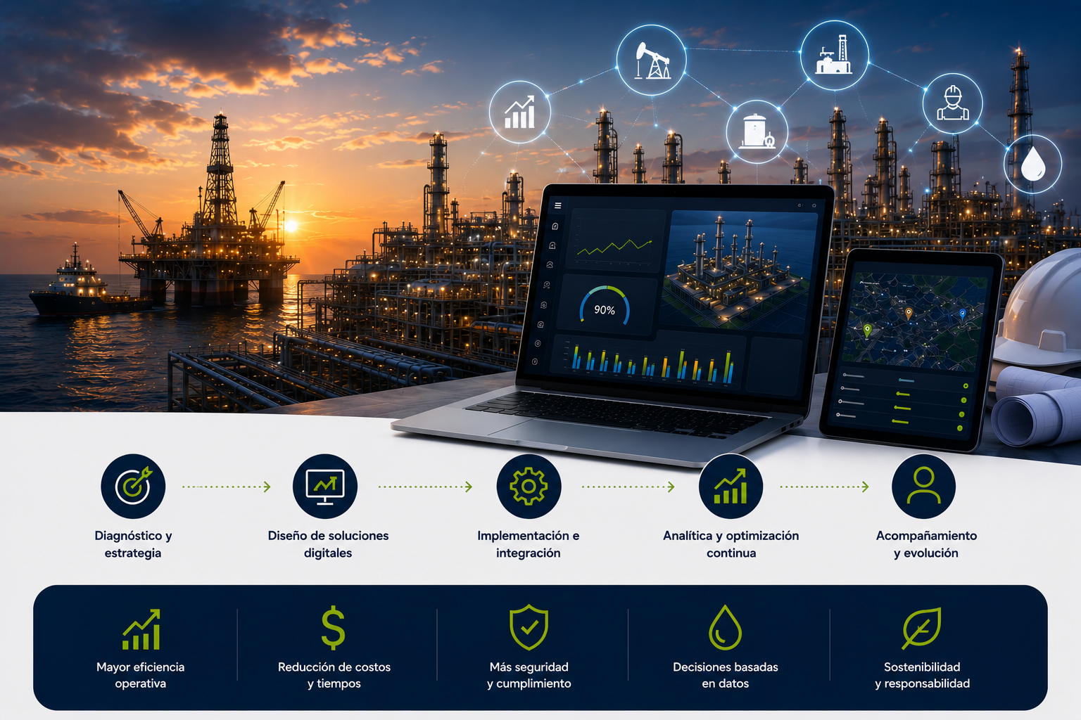 An offshore oil platform at sunset with digital dashboards, graphs, and icons for data analysis and monitoring overlaid.