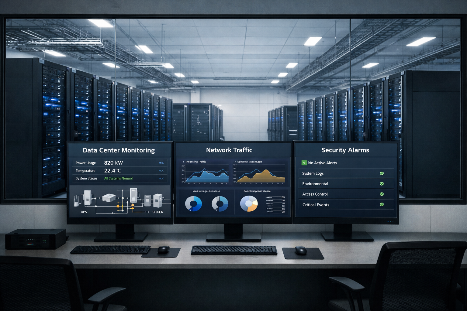 Interior view of a data center with three monitors displaying system monitoring dashboards, with server racks visible behind a glass partition.